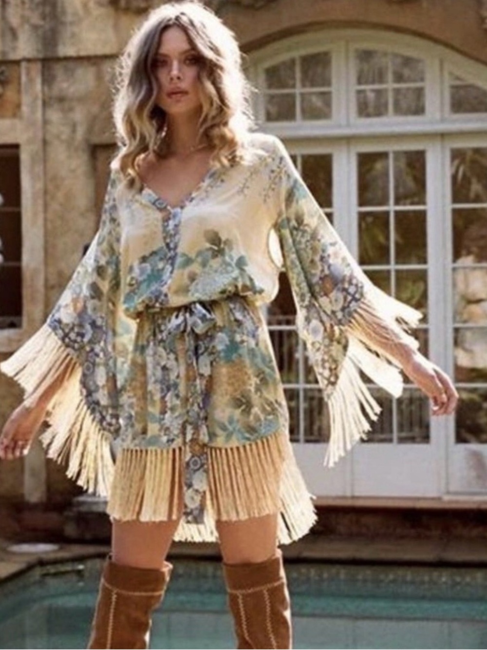 SPELL Road Tassel kimono dress blue cream with removable belt